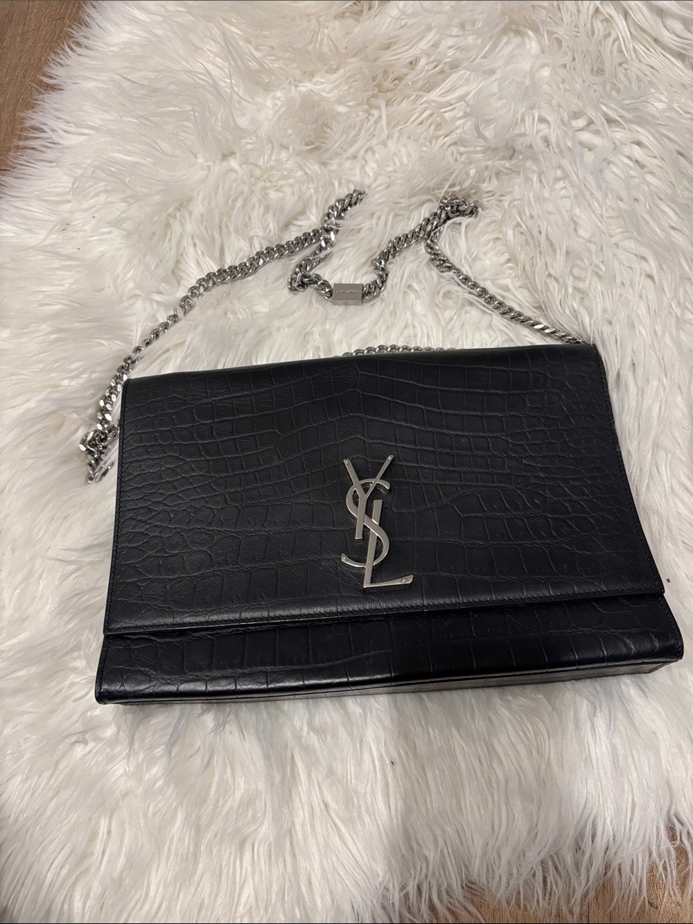 Yves Saint Laurent Black Croc-Embossed Chain Wallet with Silver Hardware
